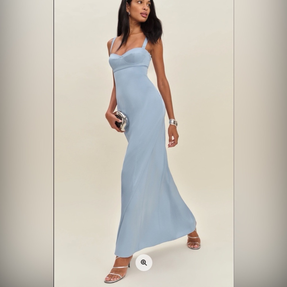 New Reformation x Devon Lee Carlson Britney Satin Dress in Blue Mist NWT
